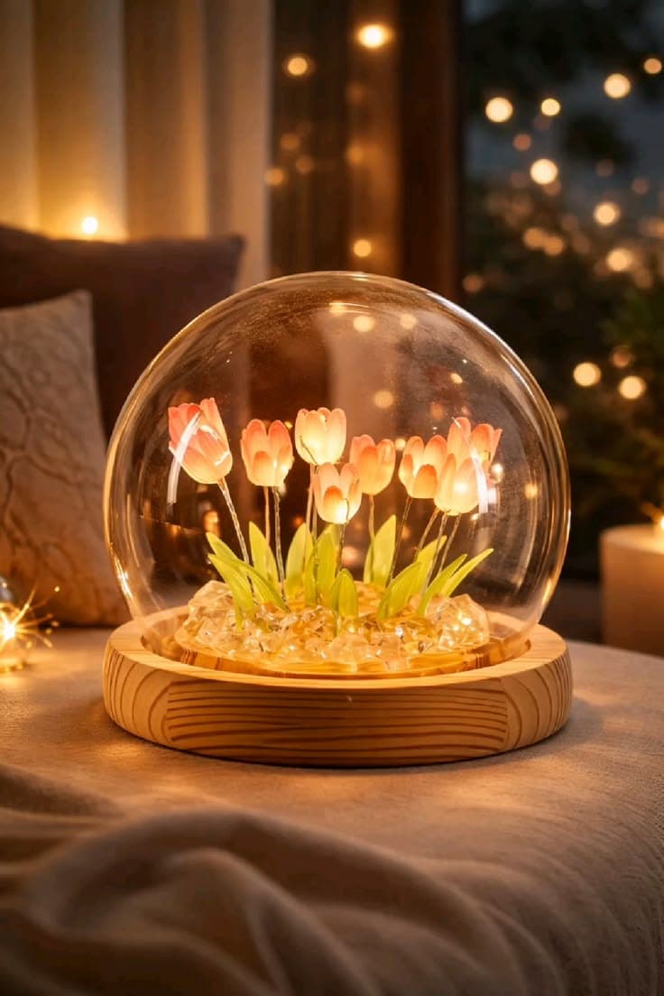 Handmade Tulip Galaxy Globe β Eternal Floral Glass Dome with LED Warm Ambient Light